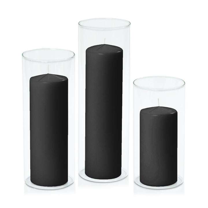 Black 7cm Event Pillar in 10cm Glass Set - Lg Pack of 1