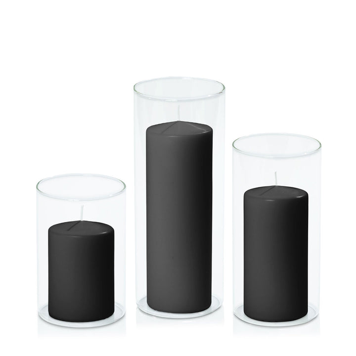 Black 7cm Event Pillar in 10cm Glass Set - Med Pack of 1