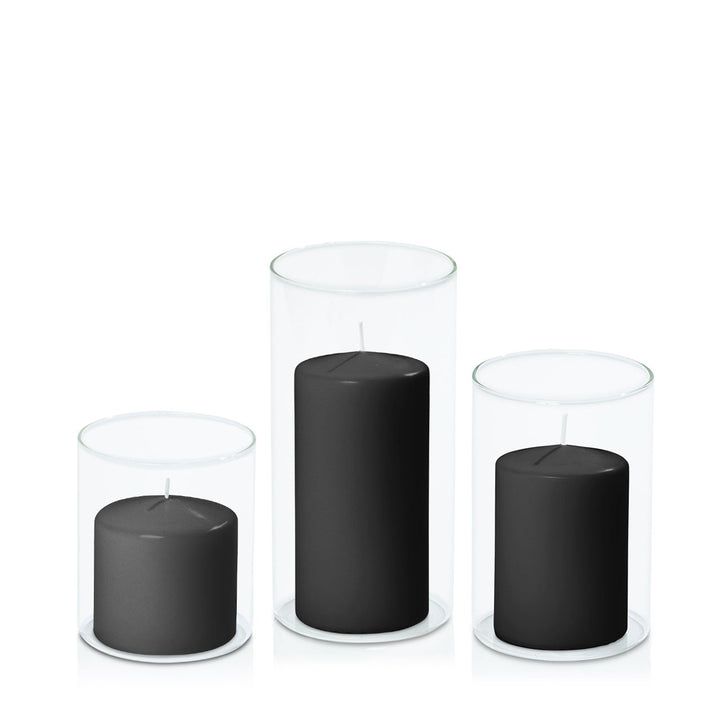 Black 7cm Event Pillar in 10cm Glass Set - Sm Pack of 1