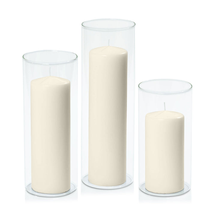 Ivory 7cm Event Pillar in 10cm Glass Set - Lg Pack of 1