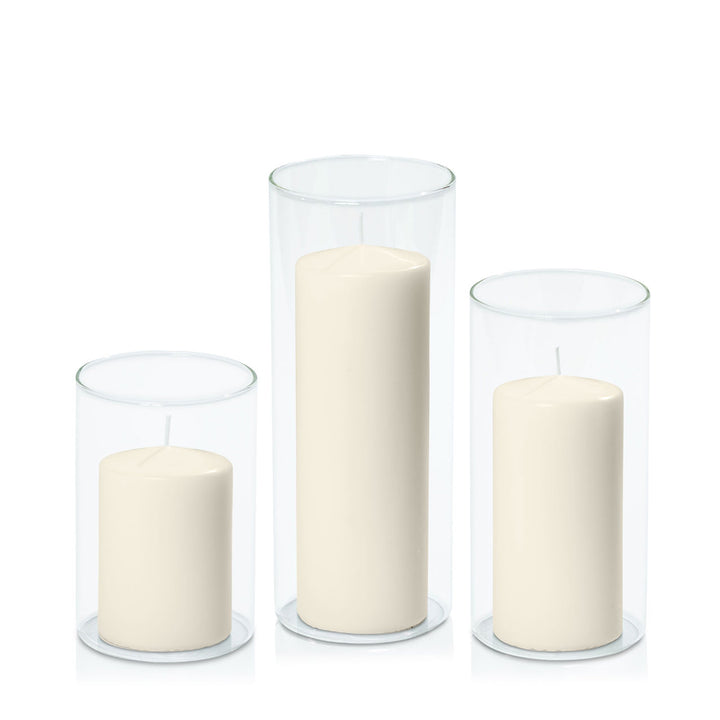 Ivory 7cm Event Pillar in 10cm Glass Set - Med Pack of 1