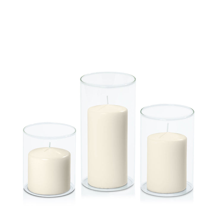 Ivory 7cm Event Pillar in 10cm Glass Set - Sm Pack of 1