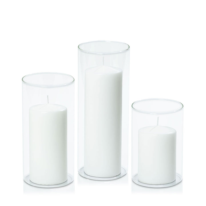 White 7cm Event Pillar in 10cm Glass Set - Med Pack of 1