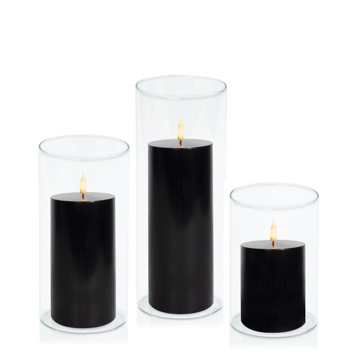 Black 8cm LED Pillar in 10cm Glass Set - Med Pack of 1