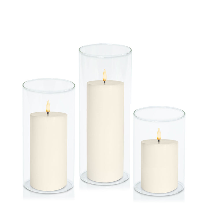 Ivory 8cm LED Pillar in 10cm Glass Set - Med Pack of 1