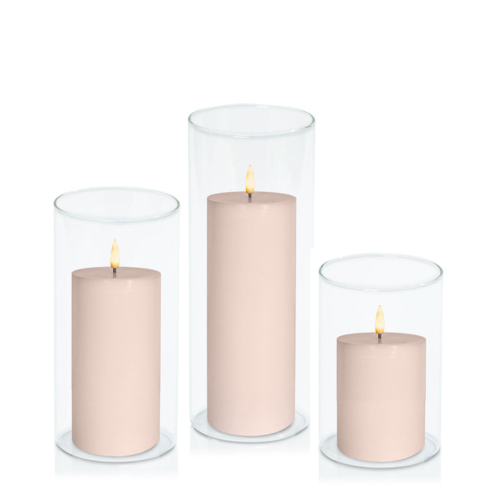 Vintage Rose 8cm LED Pillar in 10cm Glass Set - Med Pack of 1