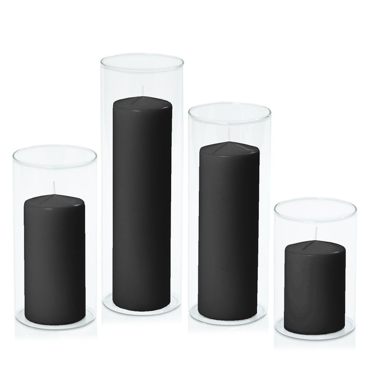 Black 7cm Event Pillar in 10cm Glass Set - Med Pack of 1