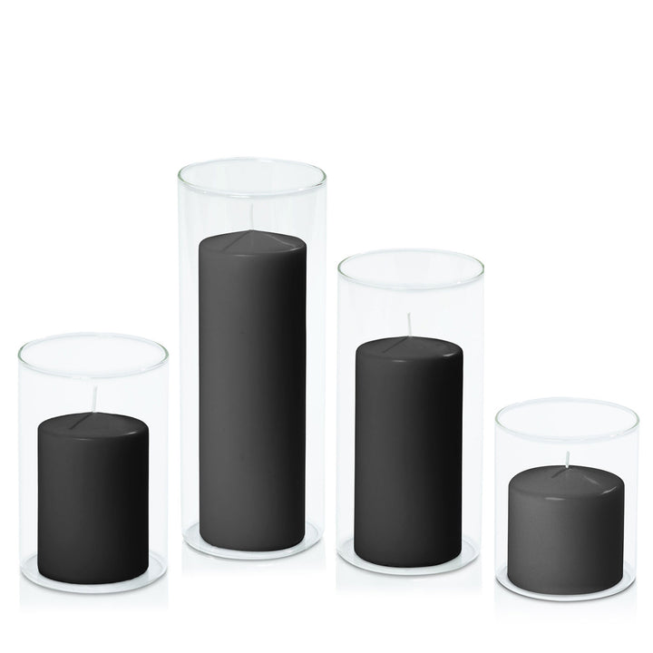 Black 7cm Event Pillar in 10cm Glass Set - Sm Pack of 1