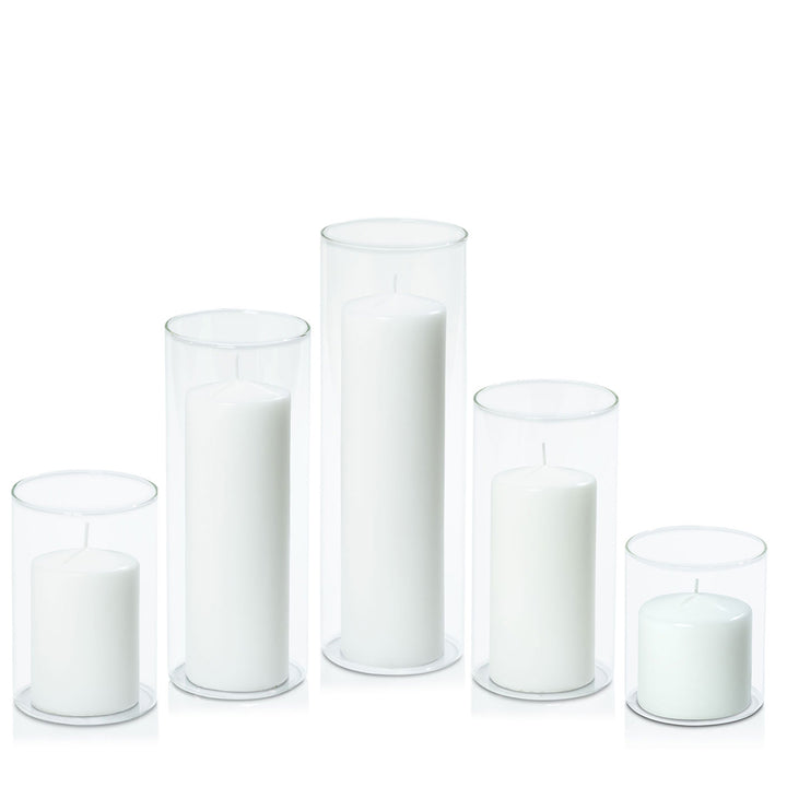 White 7cm Event Pillar in 10cm Glass Set - Sm Pack of 1