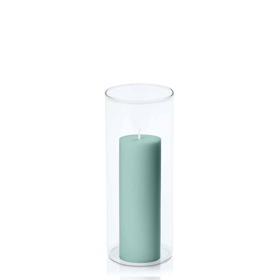 Sage Green 5cm x 15cm Pillar in 8cm x 20cm Glass Pack of 1