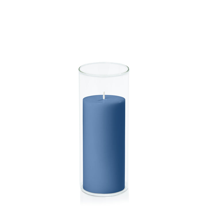 Dusty Blue 7cm x 15cm Pillar in 8cm x 20cm Glass Pack of 1