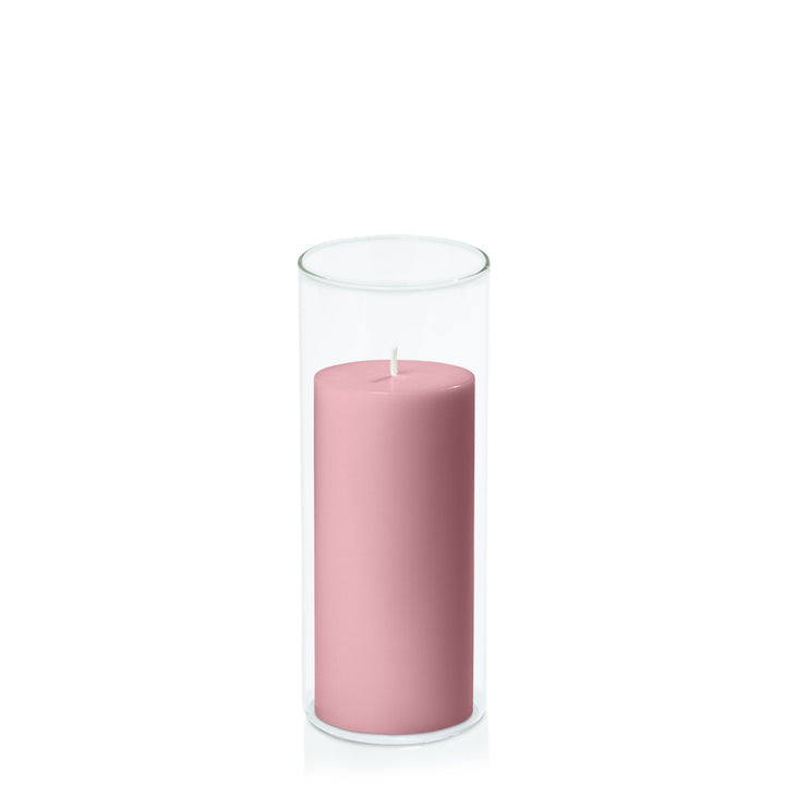 Dusty Pink 7cm x 15cm Pillar in 8cm x 20cm Glass Pack of 1