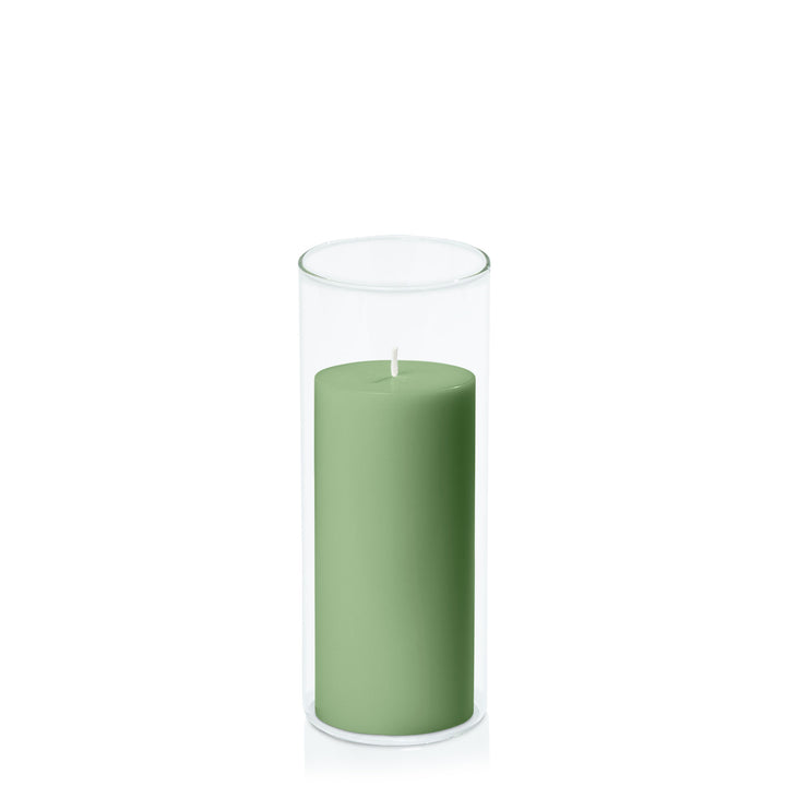 Green 7cm x 15cm Pillar in 8cm x 20cm Glass Pack of 1