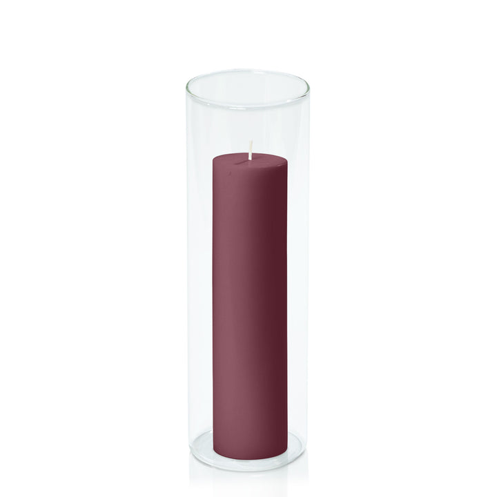 Burgundy 5cm x 20cm Pillar in 8cm x 25cm Glass