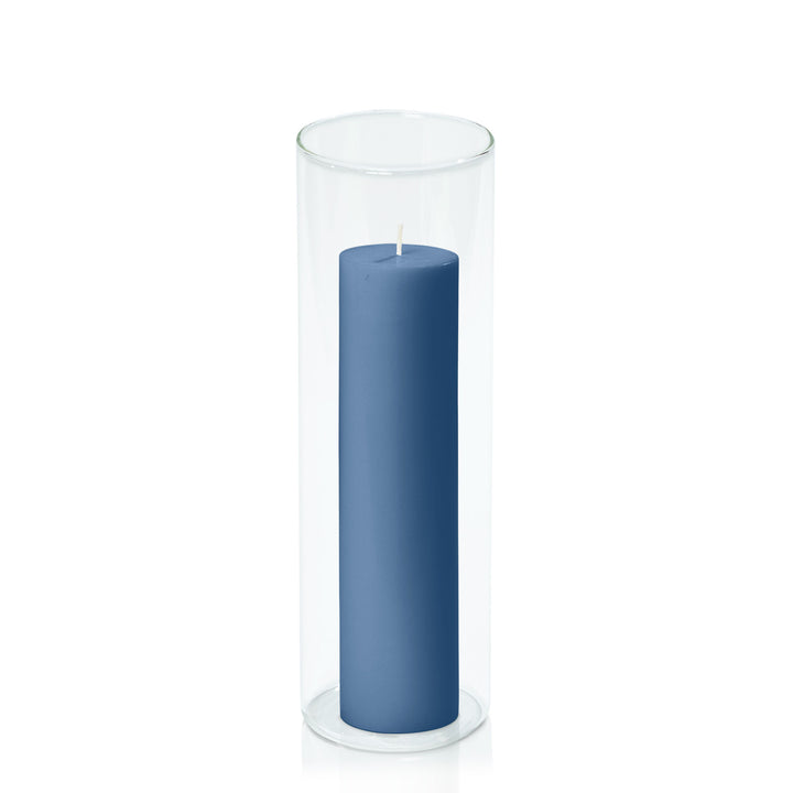 Dusty Blue 5cm x 20cm Pillar in 8cm x 25cm Glass Pack of 1