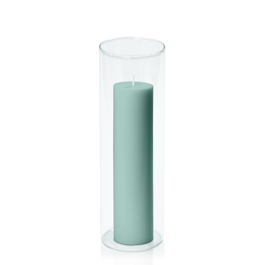 Sage Green 5cm x 20cm Pillar in 8cm x 25cm Glass Pack of 1