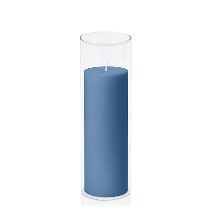 Dusty Blue 7cm x 20cm Pillar in 8cm x 25cm Glass Pack of 1