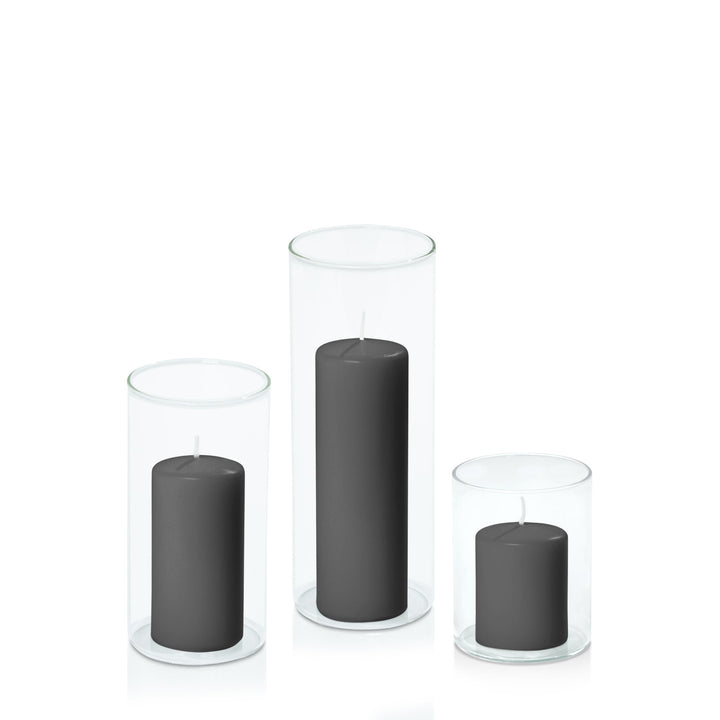 Black 5cm Event Pillar in 8cm Glass Set - Sm Pack of 1