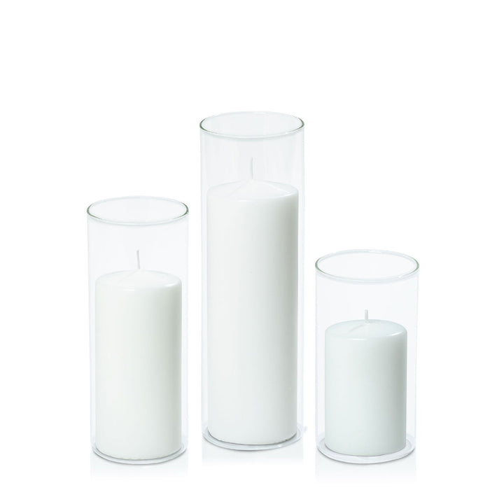 White 7cm Event Pillar in 8cm Glass Set - Med Pack of 1