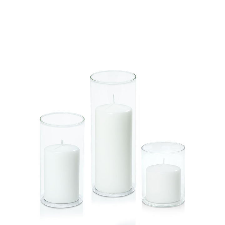 White 7cm Event Pillar in 8cm Glass Set - Sm Pack of 1