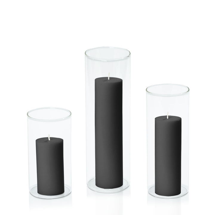 Black 5cm Pillar in 8cm Glass Set - Med Pack of 1