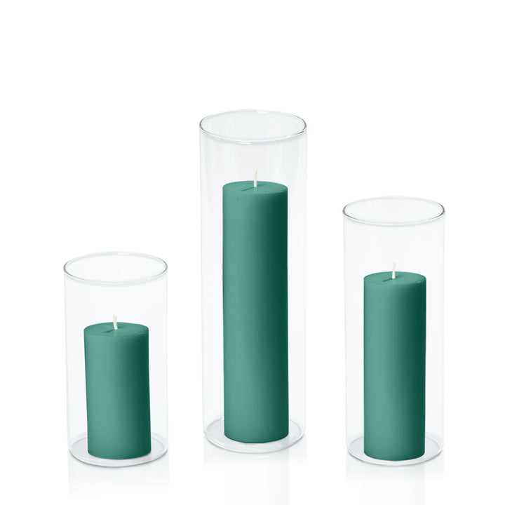 Emerald Green 5cm Pillar in 8cm Glass Set - Med Pack of 1