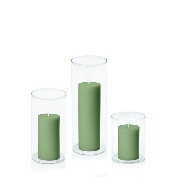 Green 5cm Pillar in 8cm Glass Set - Sm Pack of 1