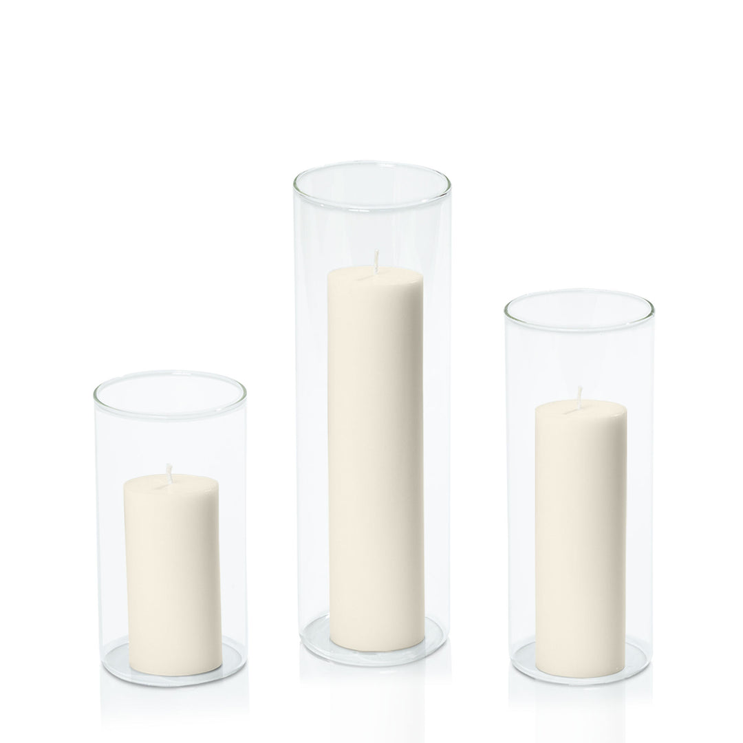 Ivory 5cm Pillar in 8cm Glass Set - Med Pack of 1