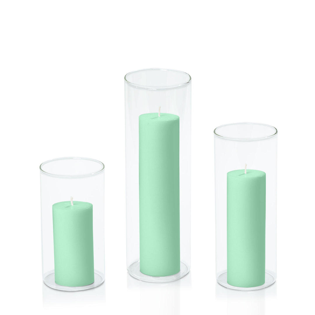 Mint Green 5cm Pillar in 8cm Glass Set - Med Pack of 1