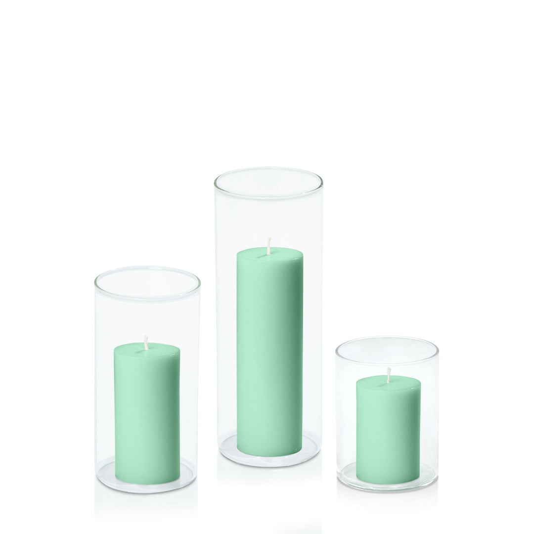 Mint Green 5cm Pillar in 8cm Glass Set - Sm Pack of 1