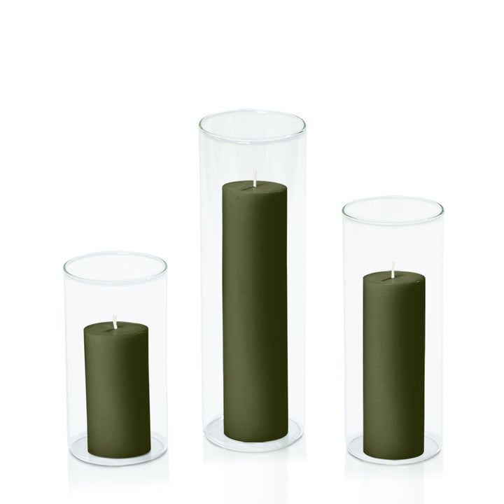 Olive 5cm Pillar in 8cm Glass Set - Med Pack of 1