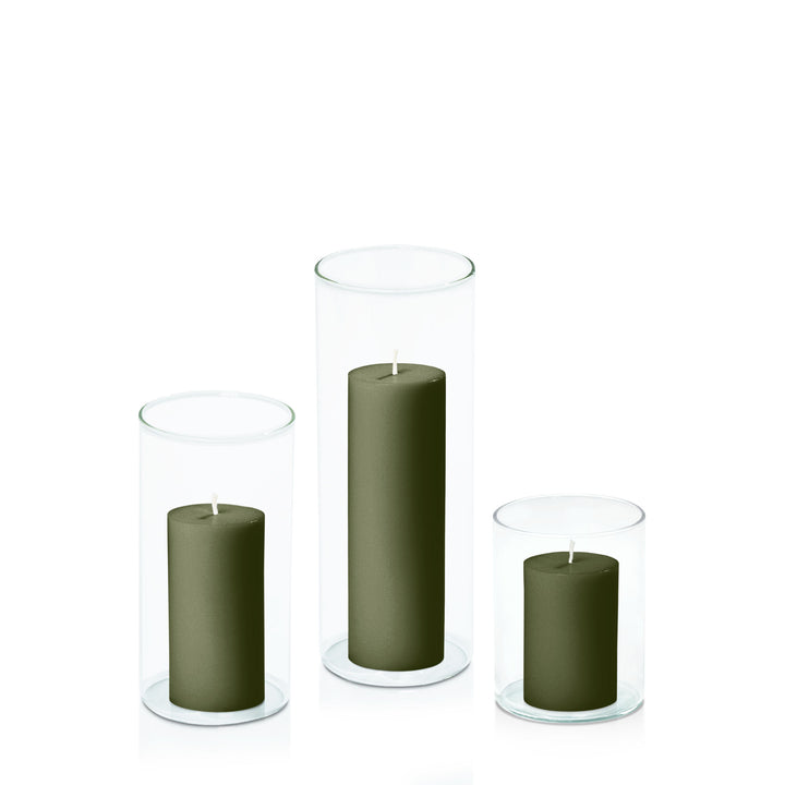 Olive 5cm Pillar in 8cm Glass Set - Sm Pack of 1