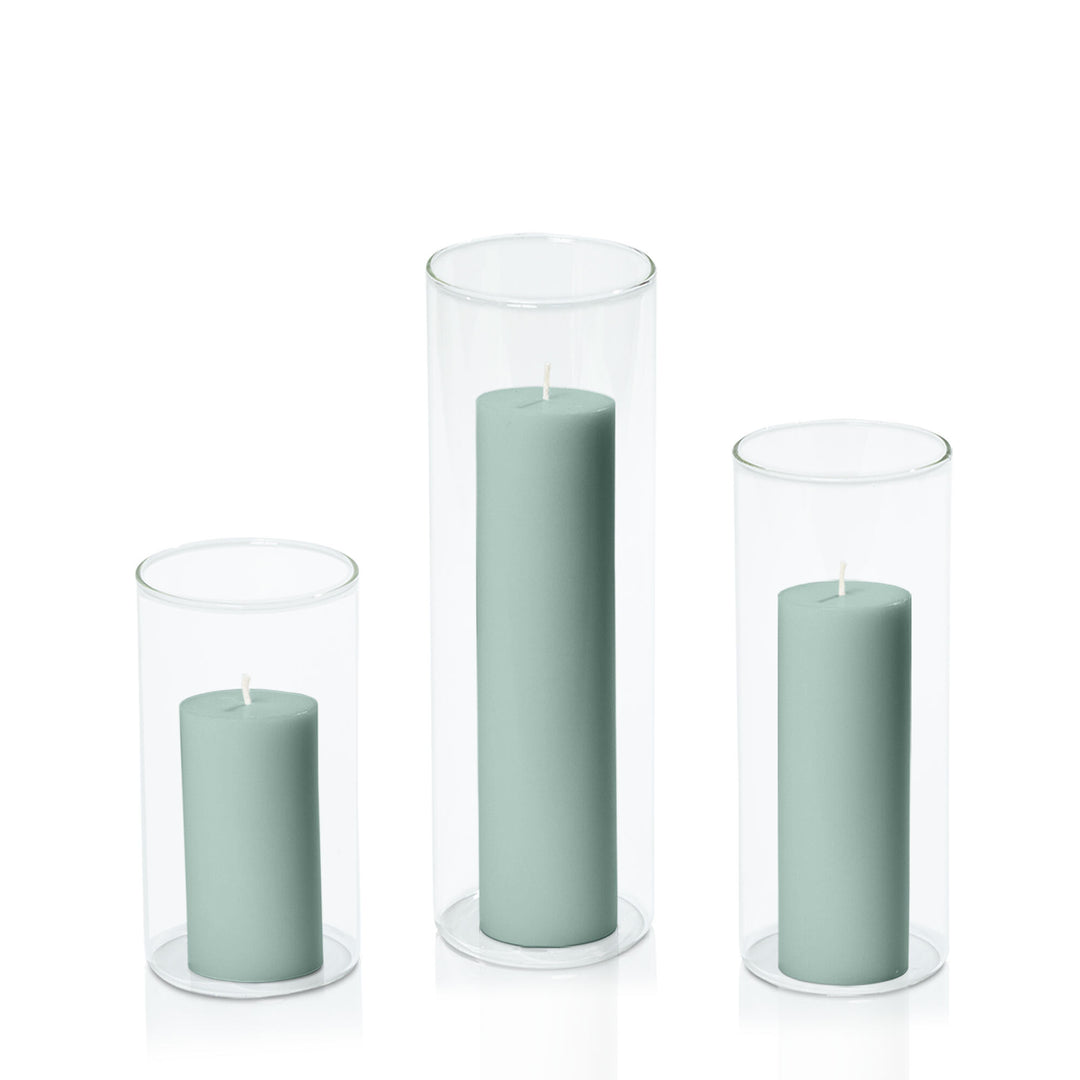 Sage Green 5cm Pillar in 8cm Glass Set - Med Pack of 1