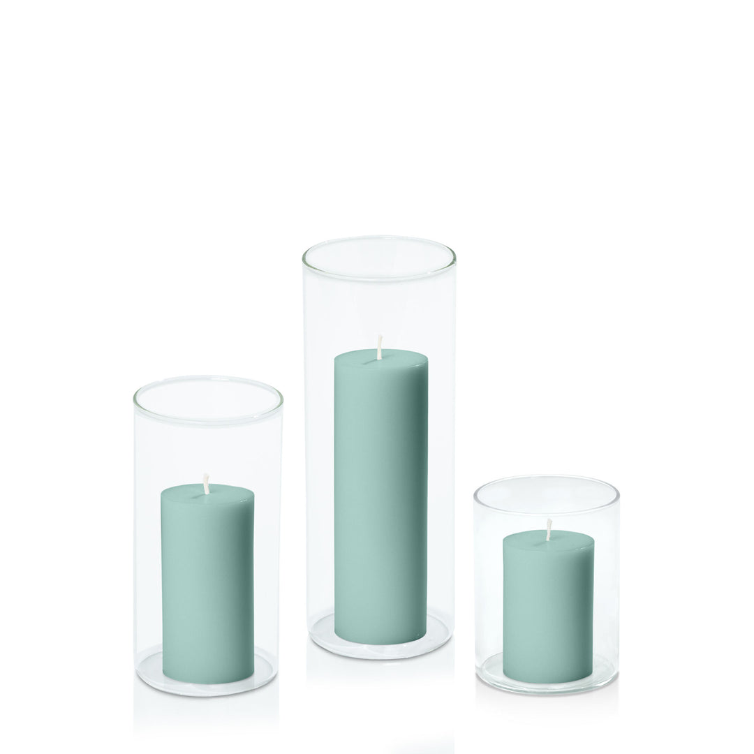 Sage Green 5cm Pillar in 8cm Glass Set - Sm Pack of 1