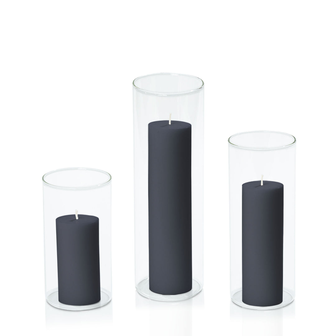 Steel Blue 5cm Pillar in 8cm Glass Set - Med Pack of 1