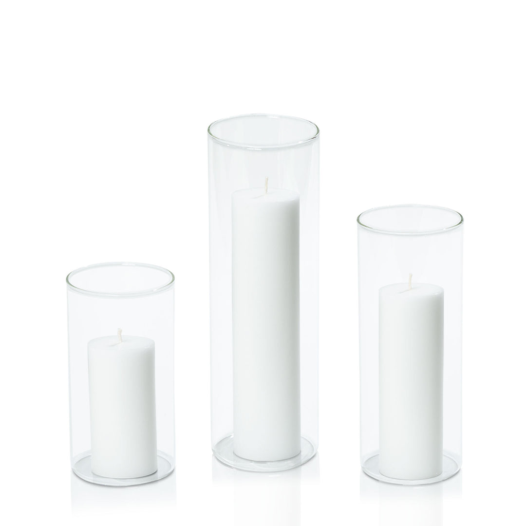 White 5cm Pillar in 8cm Glass Set - Med Pack of 1