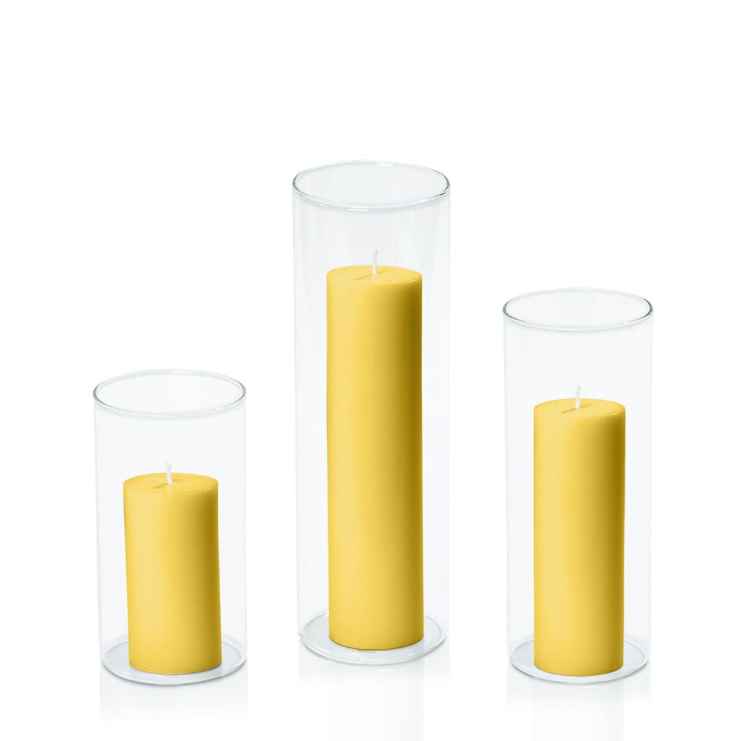 Yellow 5cm Pillar in 8cm Glass Set - Med Pack of 1