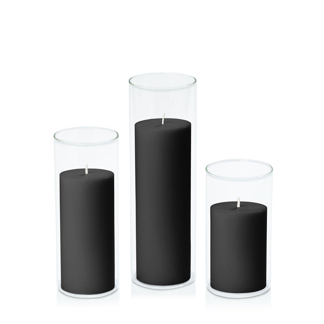 Black 7cm Pillar in 8cm Glass Set - Med Pack of 1