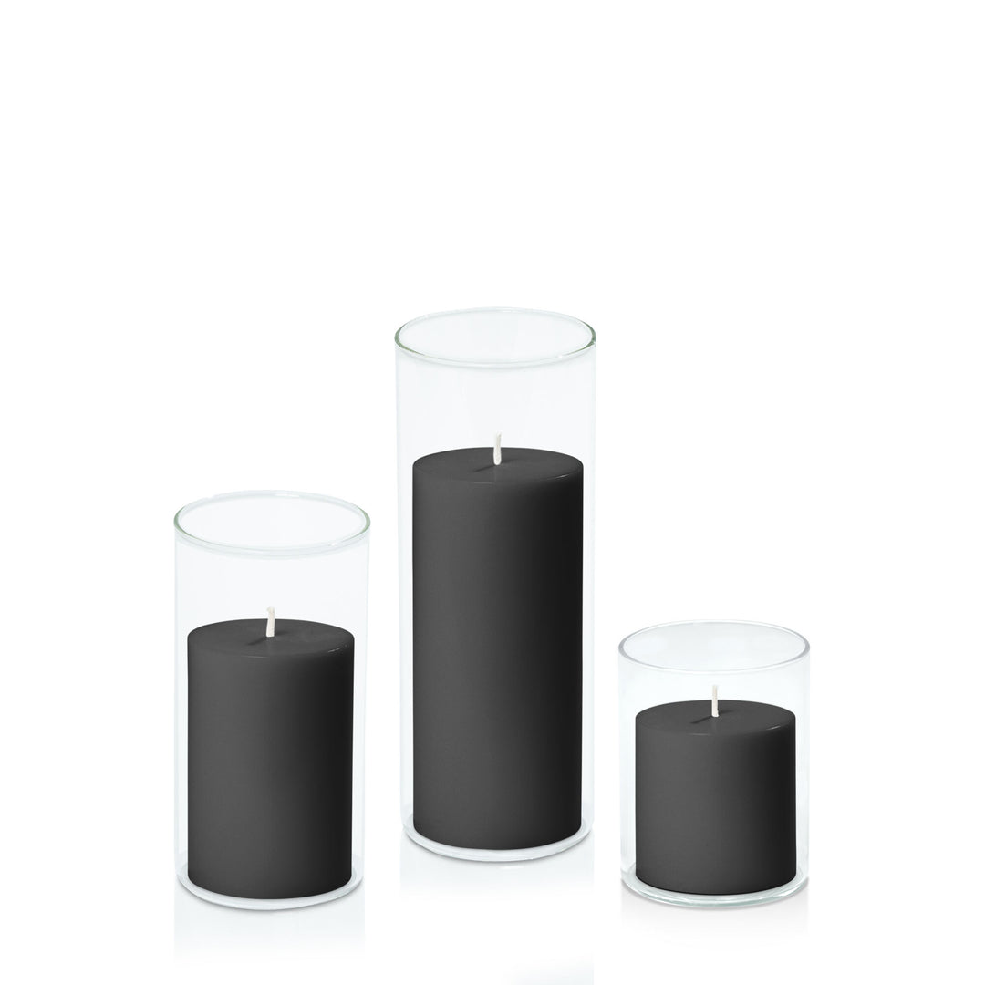 Black 7cm Pillar in 8cm Glass Set - Sm Pack of 1