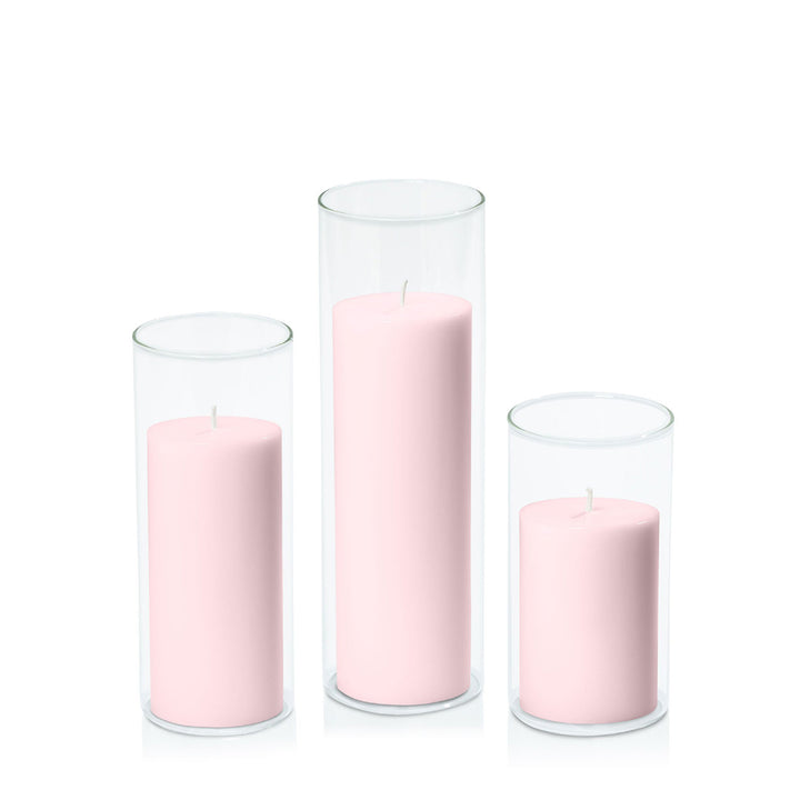 Blush Pink 7cm Pillar in 8cm Glass Set - Med Pack of 1