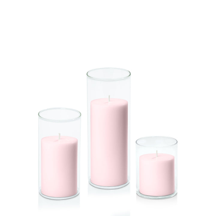 Blush Pink 7cm Pillar in 8cm Glass Set - Sm Pack of 1