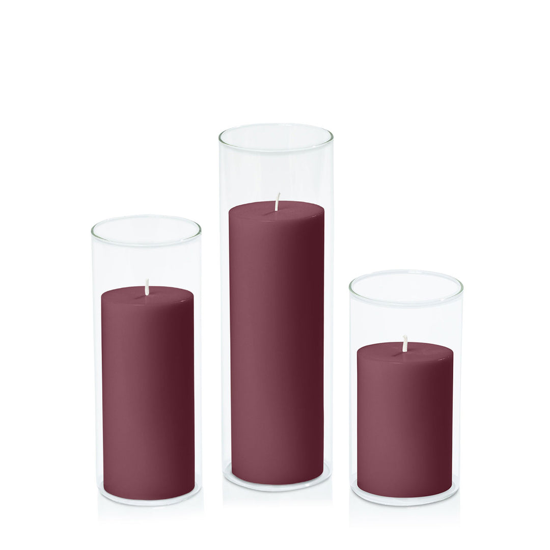 Burgundy 7cm Pillar in 8cm Glass Set - Med Pack of 1