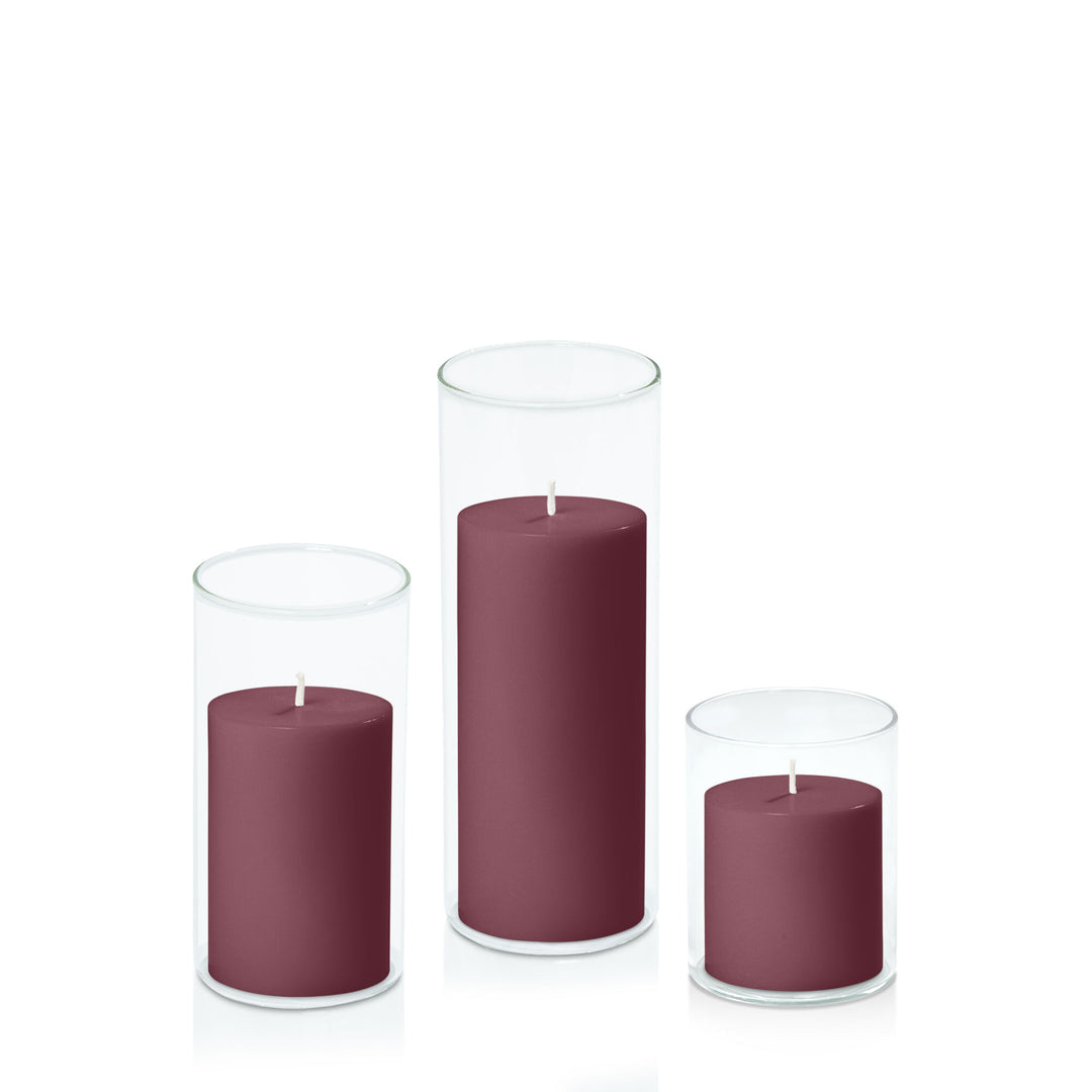 Burgundy 7cm Pillar in 8cm Glass Set - Sm Pack of 1