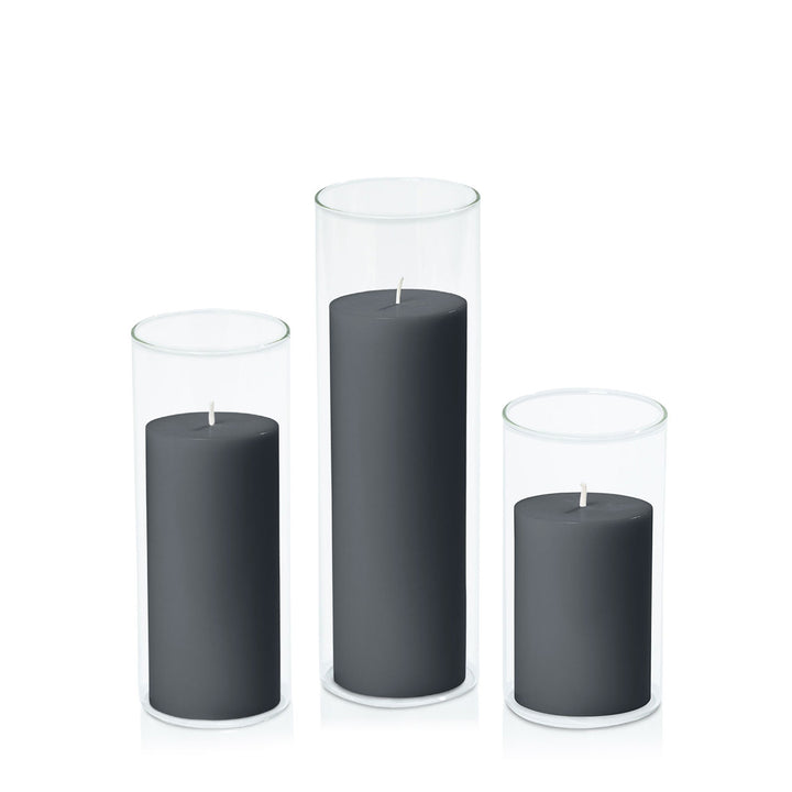 Charcoal 7cm Pillar in 8cm Glass Set - Med Pack of 1