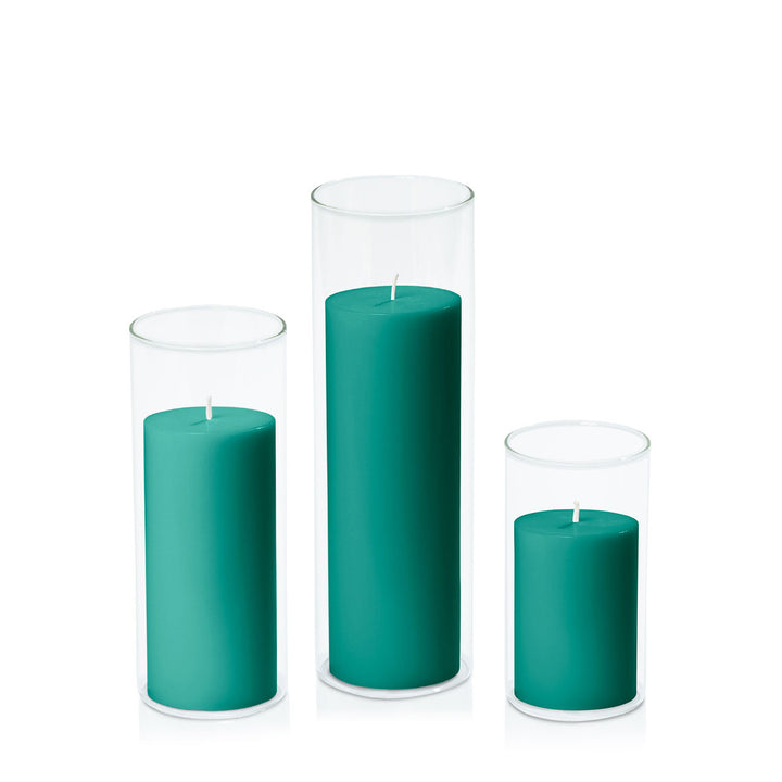 Emerald Green 7cm Pillar in 8cm Glass Set - Med Pack of 1