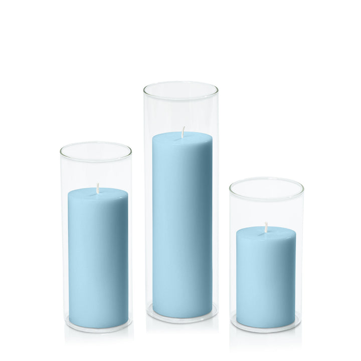 French Blue 7cm Pillar in 8cm Glass Set - Med Pack of 1