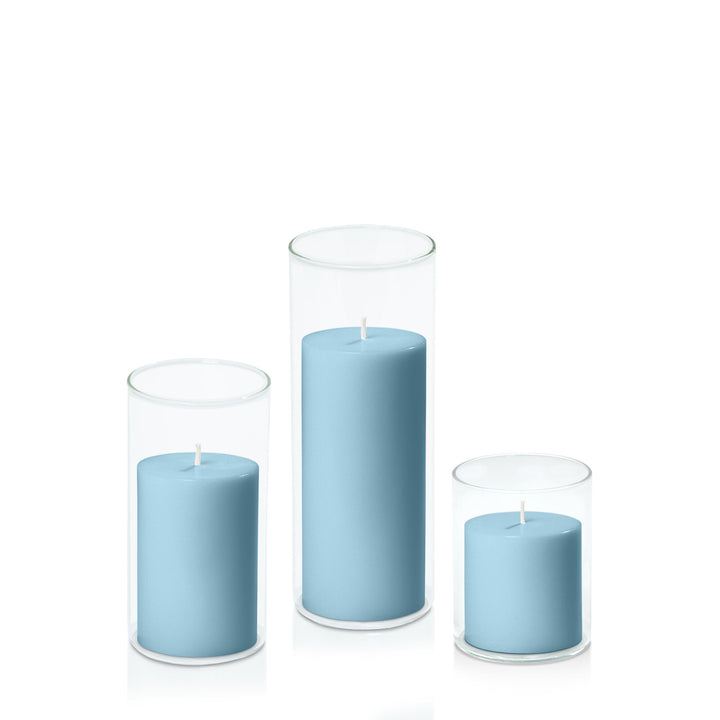 French Blue 7cm Pillar in 8cm Glass Set - Sm Pack of 1