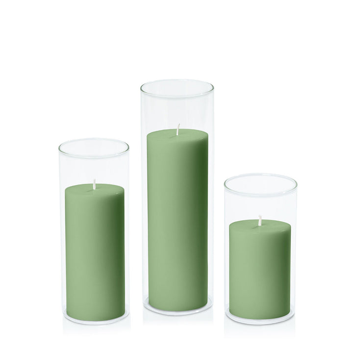 Green 7cm Pillar in 8cm Glass Set - Med Pack of 1