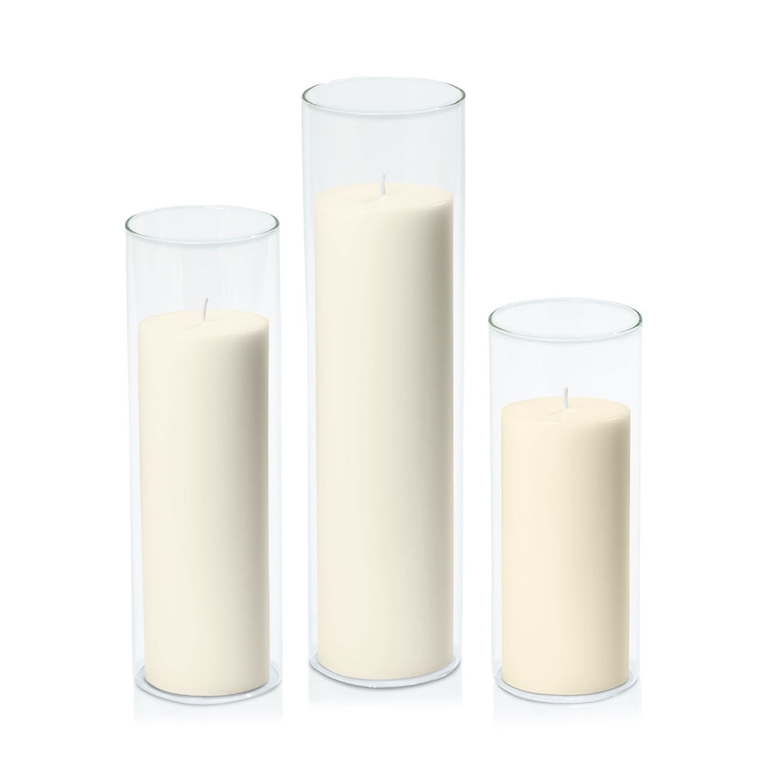 Ivory 7cm Pillar in 8cm Glass Set - Lg Pack of 1