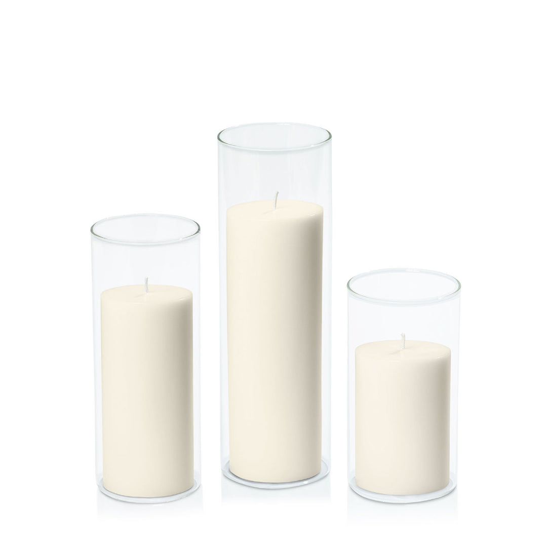 Ivory 7cm Pillar in 8cm Glass Set - Med Pack of 1